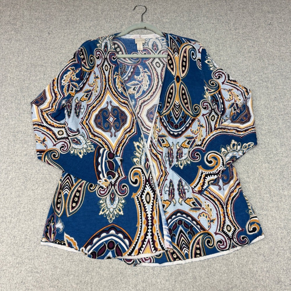 Chico's Paisley Open Front Cardigan Sweater Size 2 L Blue Multi Long Sleeve Knit